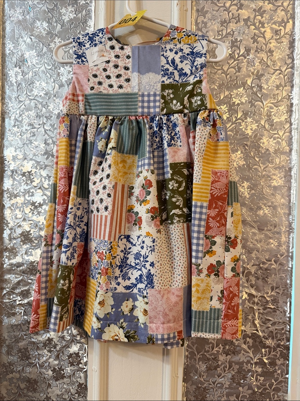 Hand Crafted Patchwork Floral Dress in Blue, Pink, Yellow & Green